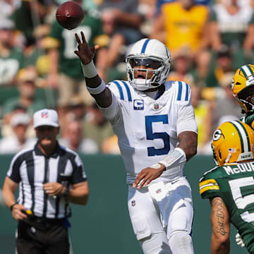 Indianapolis Colts quarterback Anthony Richardson (5) passes the ball against the Green Bay Packers on Sunday, September 15, 2024, at Lambeau Field in Green Bay, Wis. The Packers won the game, 16-10.
Tork Mason/USA TODAY NETWORK-Wisconsin