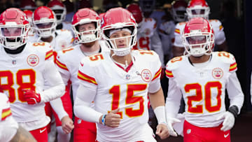 Nov 17, 2024; Orchard Park, New York, USA; Kansas City Chiefs quarterback Patrick Mahomes (15) runs onto the field prior to the game against the Buffalo Bills at Highmark Stadium. Mandatory Credit: Gregory Fisher-Imagn Images