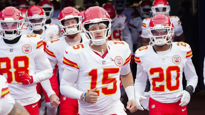 Nov 17, 2024; Orchard Park, New York, USA; Kansas City Chiefs quarterback Patrick Mahomes (15) runs onto the field prior to the game against the Buffalo Bills at Highmark Stadium. Mandatory Credit: Gregory Fisher-Imagn Images