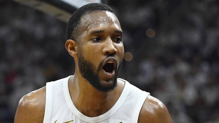 May 11, 2024; Cleveland, Ohio, USA; Cleveland Cavaliers forward Evan Mobley (4) in the second quarter of game three of the second round of the 2024 NBA playoffs reacts against the Boston Celtics at Rocket Mortgage FieldHouse. Mandatory Credit: David Richard-Imagn Images