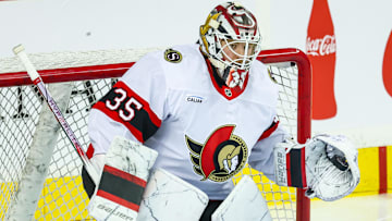 Dec 19, 2024; Calgary, Alberta, CAN; Ottawa Senators goaltender Linus Ullmark (35) guards his net during the warmup period against the Calgary Flames at Scotiabank Saddledome. Mandatory Credit: Sergei Belski-Imagn Images