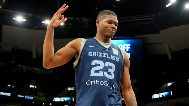 Grizzlies' Cedric Coward (23) walks off the court after open practice at the FedExForum on October 4, 2025, in Memphis, Tenn.