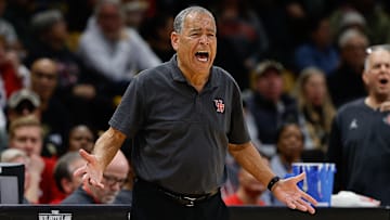 Feb 8, 2025; Boulder, Colorado, USA; Houston Cougars head coach Kelvin Sampson reacts in the first half against the Colorado Buffaloes at CU Events Center. Mandatory Credit: Isaiah J. Downing-Imagn Images