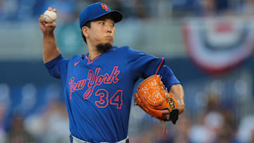 Apr 1, 2025; Miami, Florida, USA; New York Mets starting pitcher Kodai Senga (34) delivers a pitch against the Miami Marlins during the first inning at loanDepot Park. 