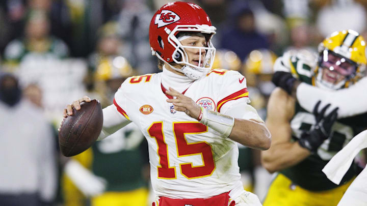 Kansas City Chiefs quarterback Patrick Mahomes (15) throws a pass during the second quarter against the Green Bay Packers at Lambeau Field.