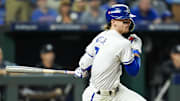 Kansas City Royals shortstop Bobby Witt Jr. (7) bats during the eighth inning against the New York Yankees in game four of the ALDS for the 2024 MLB Playoffs at Kauffman Stadium. 