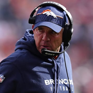 Oct 26, 2025; Denver, Colorado, USA;  Denver Broncos head coach Sean Payton looks on in the first quarter against the Dallas Cowboys at Empower Field at Mile High. 