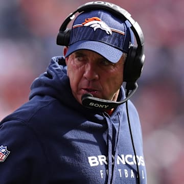 Oct 26, 2025; Denver, Colorado, USA;  Denver Broncos head coach Sean Payton looks on in the first quarter against the Dallas Cowboys at Empower Field at Mile High. 