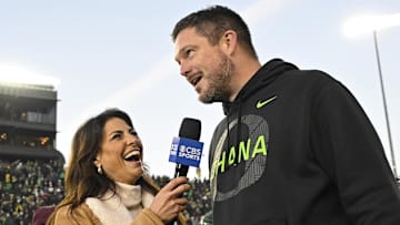 Nov 22, 2025; Eugene, Oregon, USA; Oregon Ducks head coach Dan Lanning talks to the media after the game against the Southern California Trojans at Autzen Stadium. Mandatory Credit: Troy Wayrynen-Imagn Images