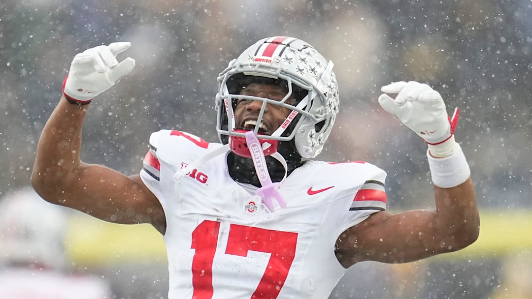 Ohio State Buckeyes wide receiver Carnell Tate (17) celebrates during the NCAA football game against the Michigan Wolverines at Michigan Stadium in Ann Arbor, Mich. on Nov. 29, 2025. Ohio State won 27-9.