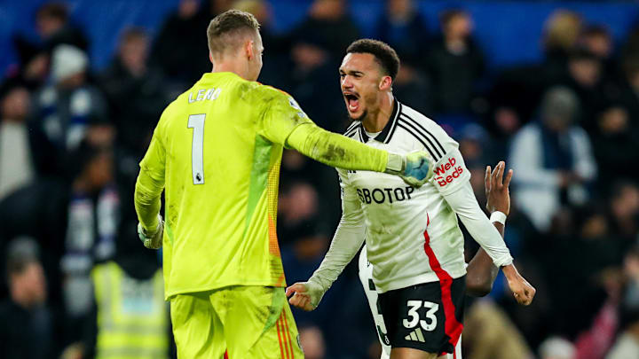 Bernd Leno (left) and Anthony Robinson (right) celebrate Fulham's first win at Stamford Bridge in 45 years.
