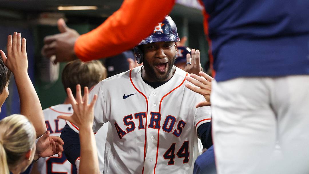 Houston Astros left fielder Yordan Alvarez (44) celebrates in the dugout. Houston Astros left fielder Yordan Alvarez (44) celebrates in the dugout.