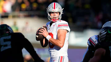 Oct 12, 2024; Eugene, Oregon, USA; Ohio State Buckeyes quarterback Will Howard (18) looks to throw during the first half of the NCAA football game against the Oregon Ducks at Autzen Stadium