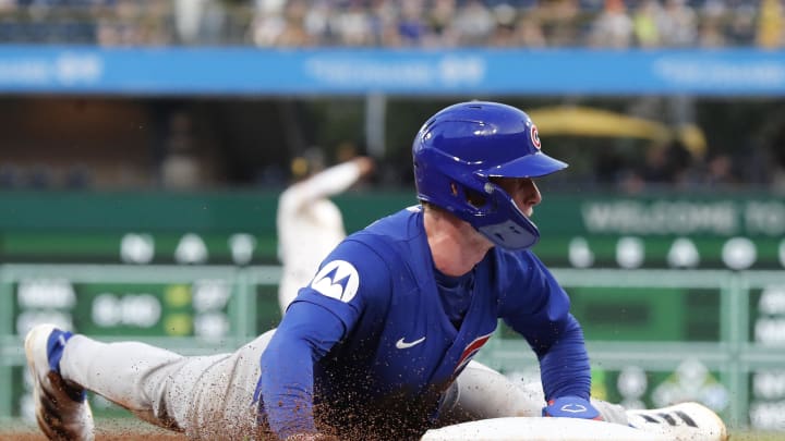 Chicago Cubs center fielder Pete Crow-Armstrong (52) steals third base against the Pittsburgh Pirates during the fourth inning at PNC Park on Aug 26.