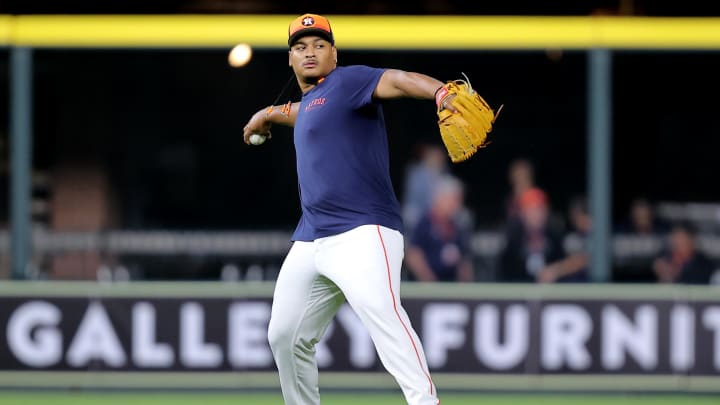 May 5, 2024; Houston, Texas, USA; Houston Astros starting pitcher Luis Garcia (77) works out prior to the game against the Seattle Mariners at Minute Maid Park. 