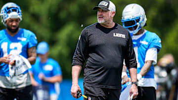 Detroit Lions offensive coordinator John Morton watches practice during OTA at Meijer Performance Center in Allen Park on Friday, May 30, 2025.