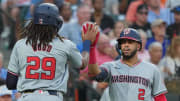 Aug 13, 2024; Baltimore, Maryland, USA; Washington Nationals outfielder James Wood (29) greeted by second baseman Luis Garcia Jr. (2) after scoring in the fourth inning against the Baltimore Orioles at Oriole Park at Camden Yards.