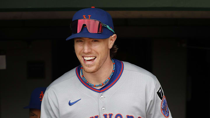 Jun 29, 2025; Pittsburgh, Pennsylvania, USA;  New York Mets third baseman Brett Baty (7) enters the dugout before the game against the Pittsburgh Pirates at PNC Park. Mandatory Credit: Charles LeClaire-Imagn Images