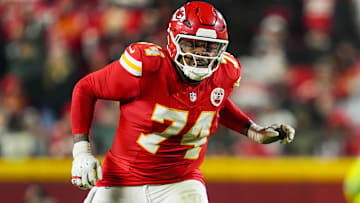 Kansas City Chiefs offensive tackle Jawaan Taylor (74) gets ready to block during the second half against the Los Angeles Chargers at GEHA Field at Arrowhead Stadium.