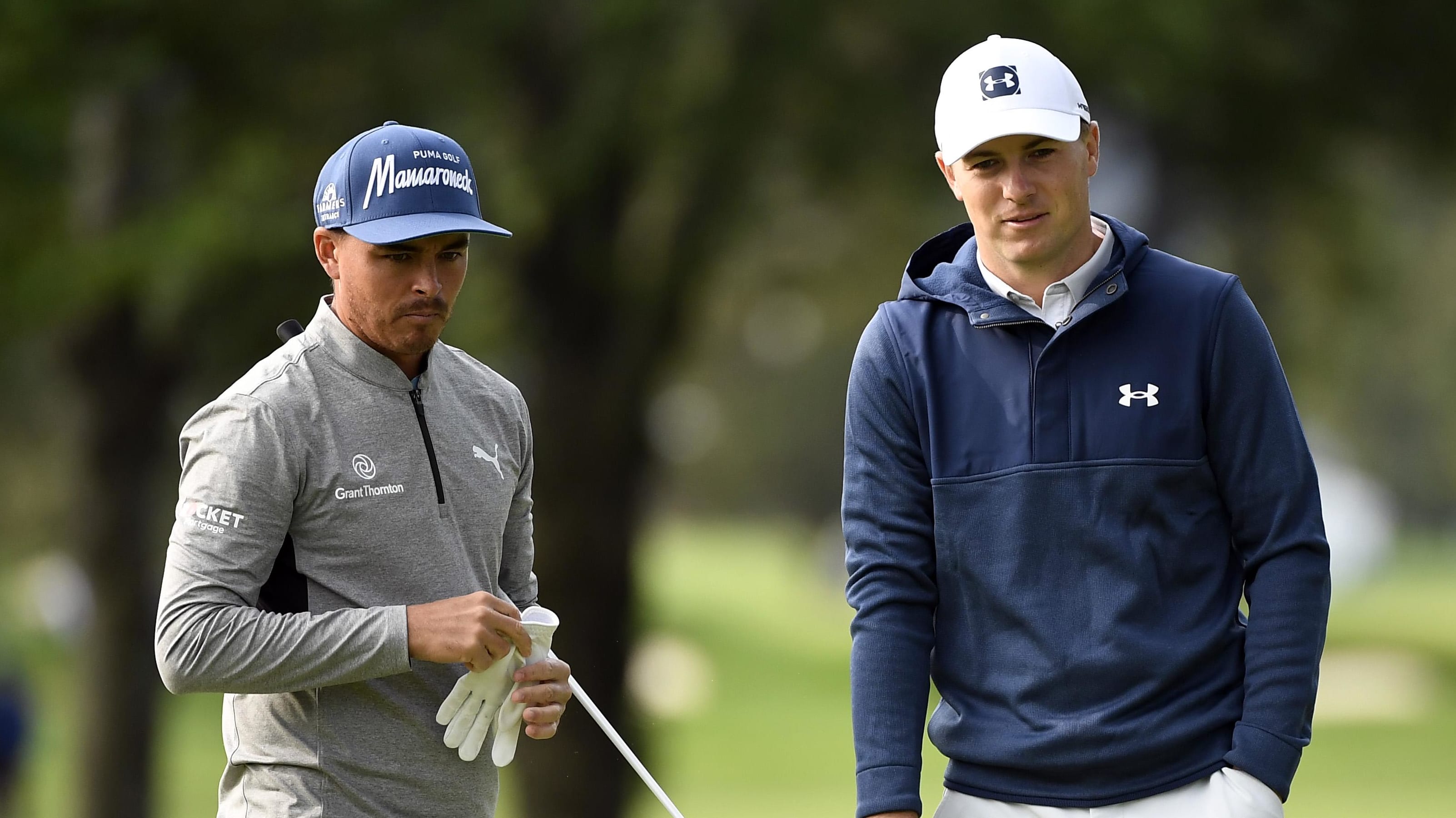 Sep 15, 2020; Mamaroneck, New York, USA; Rickie Fowler, left, and Jordan Spieth on the second green at the U.S. Open.