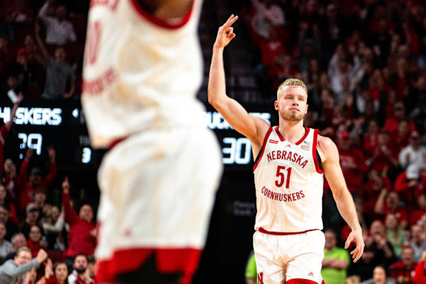 Nebraska Cornhuskers forward Rienk Mast celebrates after a 3-point shot against the Ohio State Buckeyes.