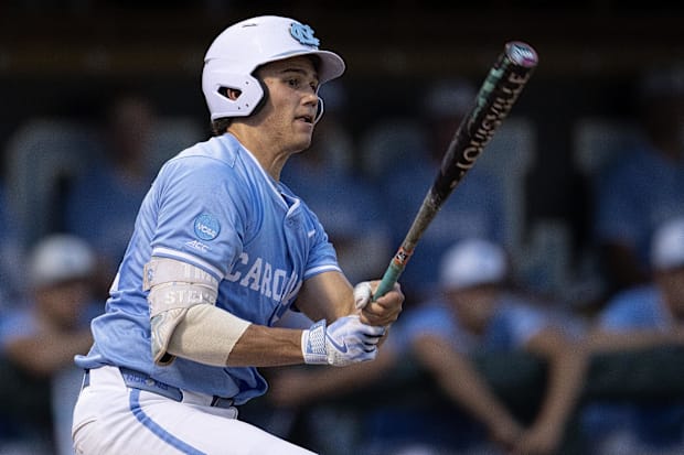 North Carolina Tar Heels Luke Stevenson (44) bats against the West Virginia Mountaineers.