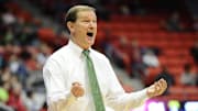 Mar 1, 2018; Pullman, WA, USA; Oregon Ducks head coach Dana Altman looks on during a basketball game against the Washington State Cougars during the first half at Friel Court at Beasley Coliseum. Mandatory Credit: James Snook-Imagn Images
