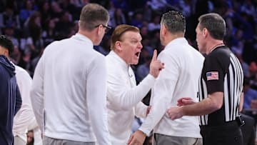 Feb 22, 2025; New York, NY, USA;  Illinois Fighting Illini head coach Brad Underwood argues with an official in the first half against the Duke Blue Devils at Madison Square Garden. Mandatory Credit: Wendell Cruz-Imagn Images