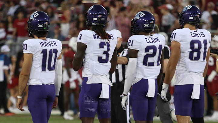 TCU football players Josh Hoover, Savion Williams, Bud Clark, and Chase Curtis at the Stanford Game