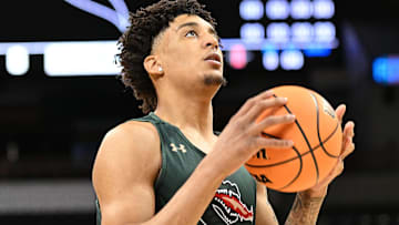 Mar 21, 2024; Spokane, WA, USA; University of Alabama at Birmingham Blazers forward Yaxel Lendeborg (3) practices at Spokane Veterans Memorial Arena. Mandatory Credit: James Snook-Imagn Images
