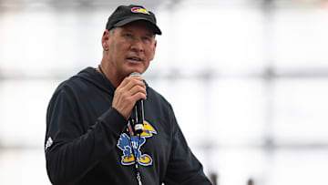 Kansas head coach Lance Leipold speaks to the fans during Kansas Football Fan Appreciation Day Saturday, April. 5, 2025 at the Kansas Football Indoor Practice Facility in Lawrence, Kan.