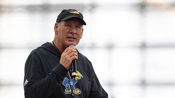 Kansas head coach Lance Leipold speaks to the fans during Kansas Football Fan Appreciation Day Saturday, April. 5, 2025 at the Kansas Football Indoor Practice Facility in Lawrence, Kan.