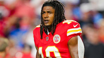 Oct 12, 2025; Kansas City, Missouri, USA; Kansas City Chiefs running back Isiah Pacheco (10) warms up prior to a game against the Detroit Lions at GEHA Field at Arrowhead Stadium.