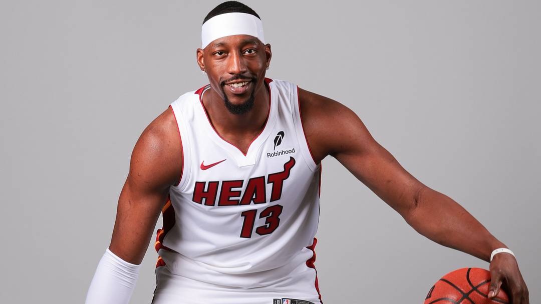 Sep 28, 2026; Miami, FL, USA; Miami Heat center Bam Adebayo (13) poses for a photo during media day at Kaseya Center. Mandatory Credit: Sam Navarro-Imagn Images