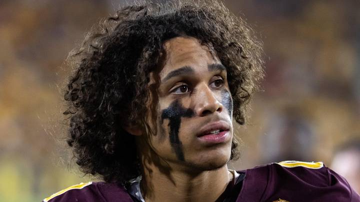 Nov 28, 2025; Tempe, Arizona, USA; Arizona State Sun Devils wide receiver Jordyn Tyson (0) against the Arizona Wildcats during the 99th Territorial Cup at Mountain America Stadium. Mandatory Credit: Mark J. Rebilas-Imagn Images