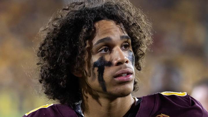 Nov 28, 2025; Tempe, Arizona, USA; Arizona State Sun Devils wide receiver Jordyn Tyson (0) against the Arizona Wildcats during the 99th Territorial Cup at Mountain America Stadium. Mandatory Credit: Mark J. Rebilas-Imagn Images
