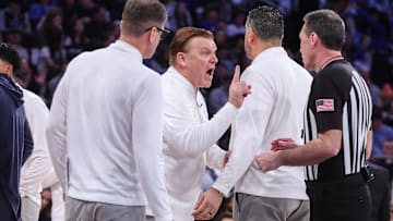 Feb 22, 2025; New York, NY, USA;  Illinois Fighting Illini head coach Brad Underwood argues with an official in the first half against the Duke Blue Devils at Madison Square Garden. Mandatory Credit: Wendell Cruz-Imagn Images