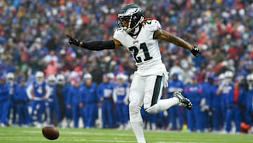 Oct 27, 2019; Orchard Park, NY, USA; Philadelphia Eagles cornerback Ronald Darby (21) celebrates a defensive play against the Buffalo Bills during the third quarter at New Era Field. Mandatory Credit: Rich Barnes-Imagn Images