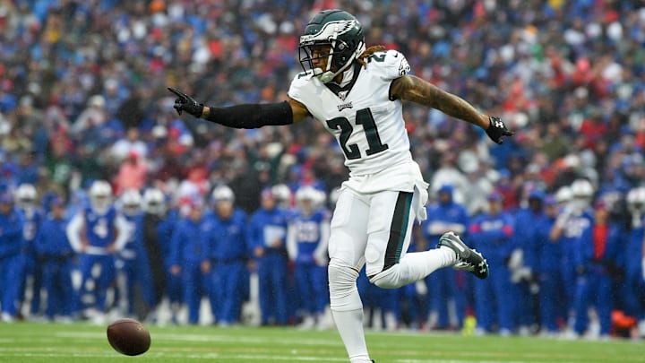 Oct 27, 2019; Orchard Park, NY, USA; Philadelphia Eagles cornerback Ronald Darby (21) celebrates a defensive play against the Buffalo Bills during the third quarter at New Era Field. Mandatory Credit: Rich Barnes-Imagn Images