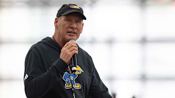 Kansas head coach Lance Leipold speaks to the fans during Kansas Football Fan Appreciation Day Saturday, April. 5, 2025 at the Kansas Football Indoor Practice Facility in Lawrence, Kan.