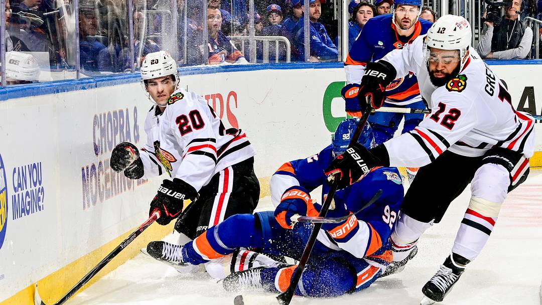 Chicago Blackhawks v New York Islanders, Ryan Greene and Jordan Greenway are part of the Chicago Blackhawks "grinding" fourth line. 