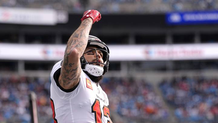 Dec 21, 2025; Charlotte, North Carolina, USA; Tampa Bay Buccaneers wide receiver Mike Evans (13) reacts a touchdown during the first half against the Carolina Panthers at Bank of America Stadium. Mandatory Credit: Jim Dedmon-Imagn Images