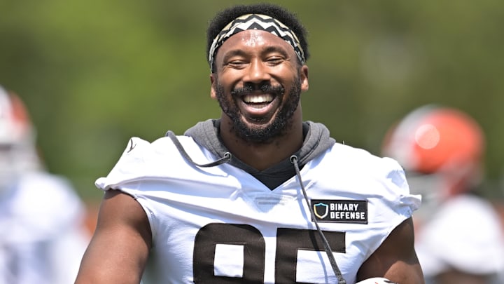 Jun 10, 2025; Berea, OH, USA; Cleveland Browns defensive end Myles Garrett (95) during minicamp at CrossCountry Mortgage Campus. Mandatory Credit: Ken Blaze-Imagn Images