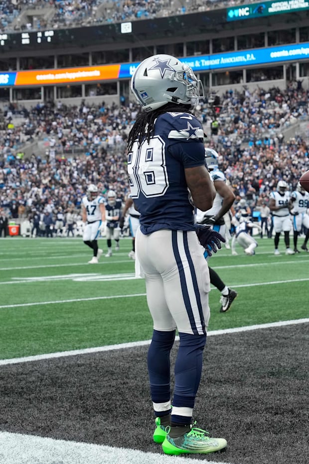 Dallas Cowboys wide receiver CeeDee Lamb after catching a touchdown pass against the Carolina Panthers. 