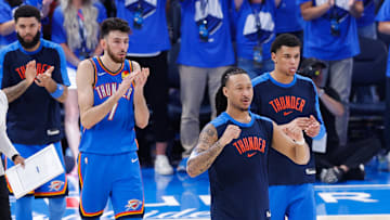Jun 22, 2025; Oklahoma City, Oklahoma, USA; Oklahoma City Thunder thunder player react at the end of the third quarter during the second half of game seven of the 2025 NBA Finals at Paycom Center. Mandatory Credit: Alonzo Adams-Imagn Images