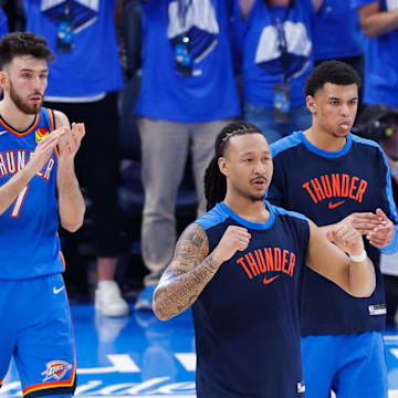 Jun 22, 2025; Oklahoma City, Oklahoma, USA; Oklahoma City Thunder thunder player react at the end of the third quarter during the second half of game seven of the 2025 NBA Finals at Paycom Center. Mandatory Credit: Alonzo Adams-Imagn Images