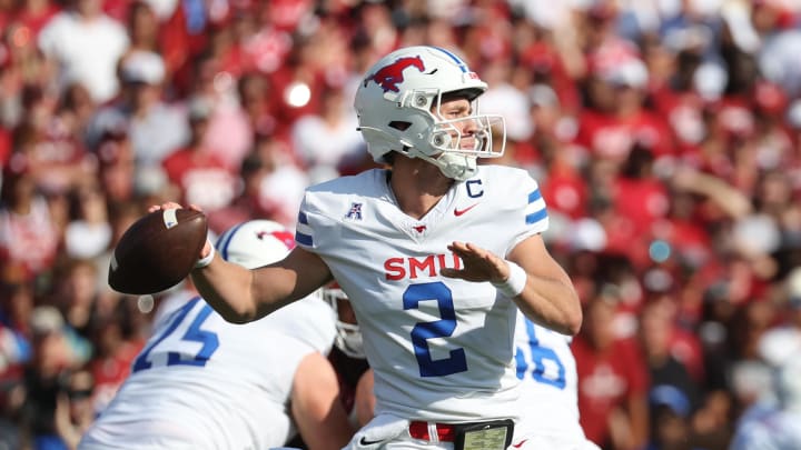 Sep 9, 2023; Norman, Oklahoma, USA;  Southern Methodist Mustangs quarterback Preston Stone (2) throws during the first quarter against the Oklahoma Sooners at Gaylord Family-Oklahoma Memorial Stadium. Mandatory Credit: Kevin Jairaj-USA TODAY Sports