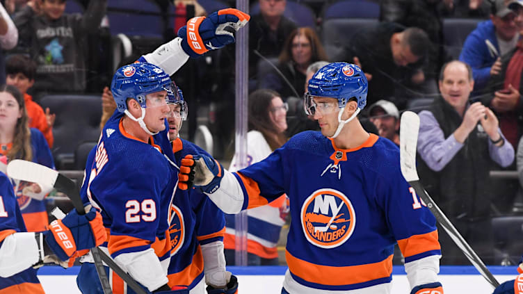 Nov 22, 2023; Elmont, New York, USA; New York Islanders celebrates the goal by New York Islanders