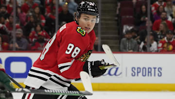 Oct 4, 2024; Chicago, Illinois, USA; Chicago Blackhawks center Connor Bedard (98) plays against the Minnesota Wild during the third period at United Center. Mandatory Credit: David Banks-Imagn Images