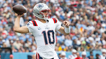 Oct 19, 2025; Nashville, Tennessee, USA;  New England Patriots quarterback Drake Maye (10) throws a pass against the Tennessee Titans during the first half at Nissan Stadium. Mandatory Credit: Steve Roberts-Imagn Images